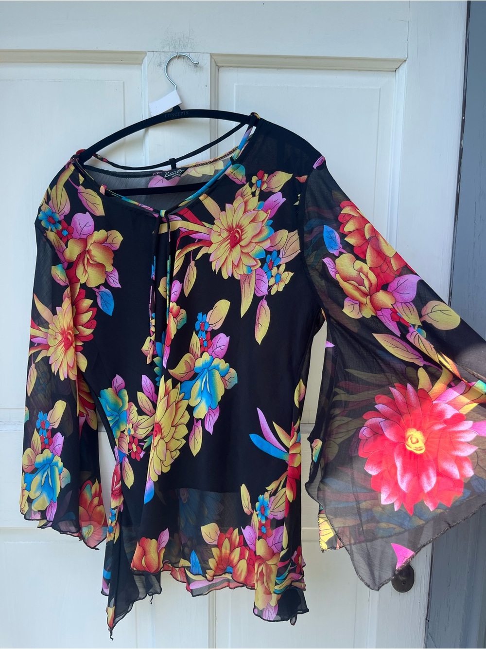 Sheer Black Floral Tie-Front Bell-Sleeve Blouse